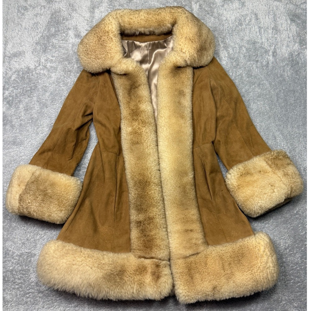Vintage Scully Coat Womens 12 Tan Kidskin Suede Sheepskin Shearling Trim 70s